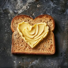 Freshly baked homemade slice of bread with butter in the shape of heart. Top view. concept of benefits of butter for the heart