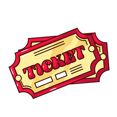 Groovy cartoon two cinema tickets. Funny retro golden and red coupons for seats at theatre, film or music concert, entertainment mascot, cartoon 2 tickets sticker of 70s 80s style vector illustration