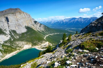 Panoramic view from the Ha Ling Peak at the northwestern end of Ehagay Nakoda, a mountain located immediately south of the town of Canmore (Alberta's Canadian Rockies, Canada)