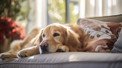 Portrait of a golden retriever dog lying on sofa