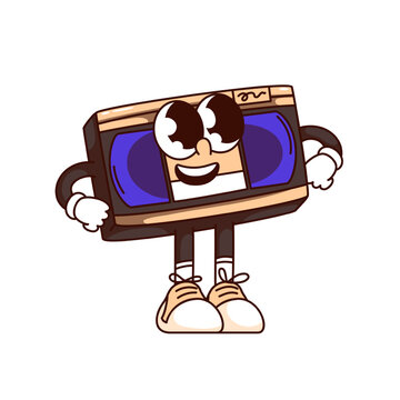 recommend clip art: Groovy old video cassette cartoon character with label and happy smile. Funny retro videotape with confident pose, vintage plastic cassette mascot, cartoon sticker of 70s 80s style vector illustration