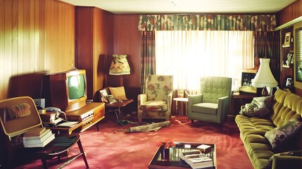 Vintage living room interior with retro furniture and decor illuminated by natural light streaming...