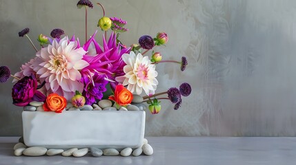 Vibrant floral arrangement featuring various colorful flowers in a white rectangular vase on a textured background 