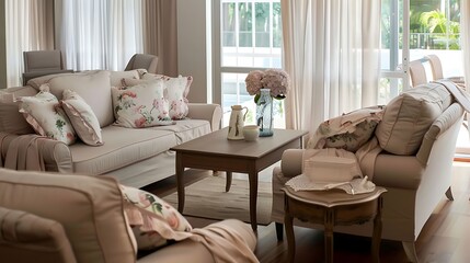 Elegant living room interior with comfortable sofas and floral accents for a cozy home ambiance. 