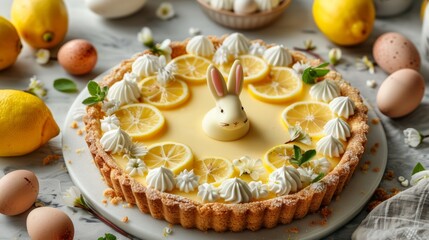 Pretty idea of Homemade Easter tart cake with rabbit and eggs cookies as perfect Easter card. Lemon curd cake for Easter.