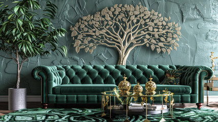 A luxury living room with a sumptuous green velvet sofa, complemented by a chic coffee table and...