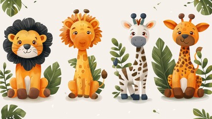 This set includes cartoon African animals - lion, giraffe, zebra, antelope - on a white background, with hand-drawn textures and flat, modern illustrations for greeting cards, kid's t-shirts,