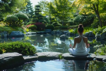 A woman practicing yoga in a serene Japanese garden surrounded by nature and radiating inner peace.
