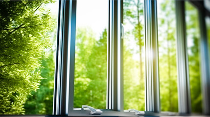 Naklejka premium A view through a modern window framing a lush green forest, emphasizing tranquility and connection with nature.Real estate marketing, interior design inspiration, wellness and lifestyle publications.