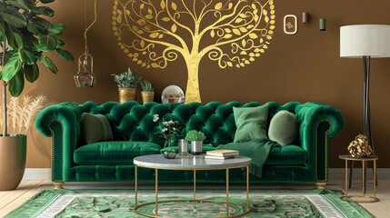 A modern living room exudes sophistication with a luxurious green velvet sofa, gold decor, and a minimalist coffee table. The highlight is the intricate 