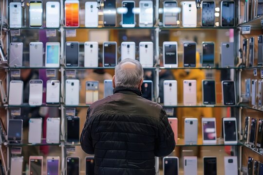 A pensioner stands helplessly in a smartphone store with many new smartphone models.