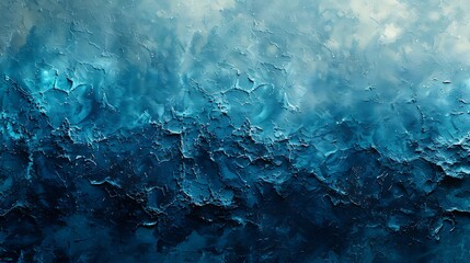 Abstract blue textured painting resembling stormy ocean waves under a tempestuous sky.