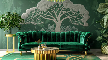 A sophisticated living room scene, where the luxury of a green velvet sofa and gold accents meet...