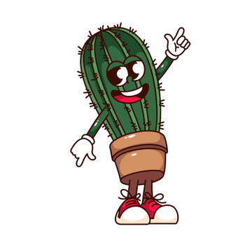 recommend clip art: Groovy happy potted cactus cartoon character with dance pose. Funny retro cacti plant dancing, home and office garden mascot, cartoon cactus in round pot sticker of 70s 80s style vector illustration