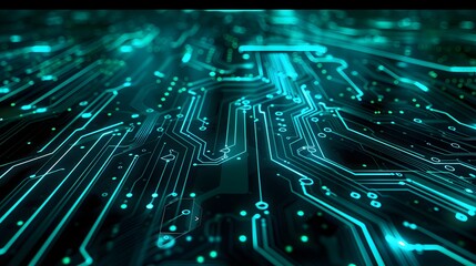 Abstract background with circuit board lines and glowing elements on black, technology concept ,8k, ultra realistc photo, blue green color scheme