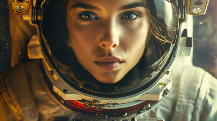 Space, travel and portrait of astronaut woman with helmet, future discovery and sci fi universe. Planet, aerospace mission and face of person in suit for adventure, research or science in dark galaxy