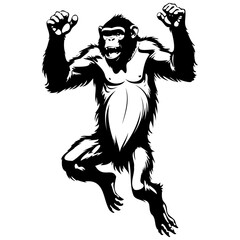 Fototapeta premium Ape jumps drawing, realistic hand drawing line art, pencil sketch, isolated silhouette