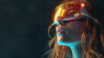 Stunning woman in a futuristic dress on a dark background. Girl wearing augmented reality glasses. Virtual reality, game, future technology concept.