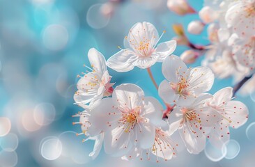 White cherry blossoms in full bloom, blue sky, blurred background, soft focus photography