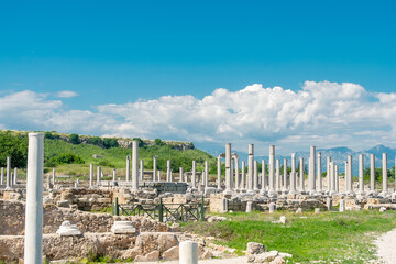 Picturesque ruins of the ancient city of Perge in Turkey. Perge open air museum.