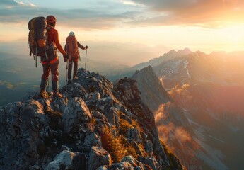 Two hikers helping each other reach the top of the mountain, with a sunrise in the background. Epic scenery with dramatic lighting in a cinematic and hyper realistic style.