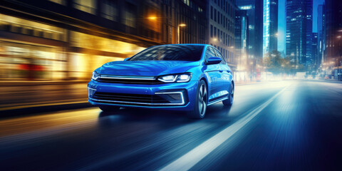 Fototapeta premium Clean Energy Commute: Electric Vehicle in Motion on Road with Cityscape Views