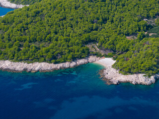 AERIAL: Circling around a rocky Hvar coastline covered in a bright pine forest