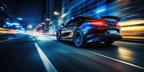 Fototapeta premium Cityscape Cruise: Electric Vehicle Driving Along Road with Urban Background