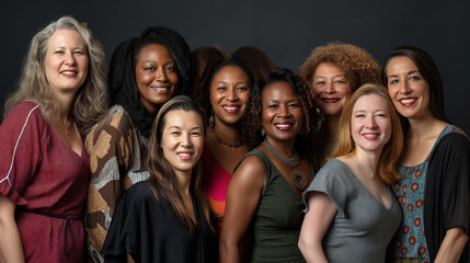 women from different ethnicities and ages, smiling at the camera, dark background. diverse hairstyles,  long hair, others short or curly, stylish outfits. Professional diversity concept
