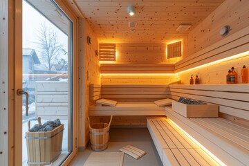 Obraz premium Sauna with wooden walls and a white wood bench, illuminated in the style of LED lights. The room is equipped for hot steam or water on the left side of an interior shot. 
