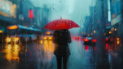 Person with red umbrella under magenta atmospheric phenomenon in rainy city