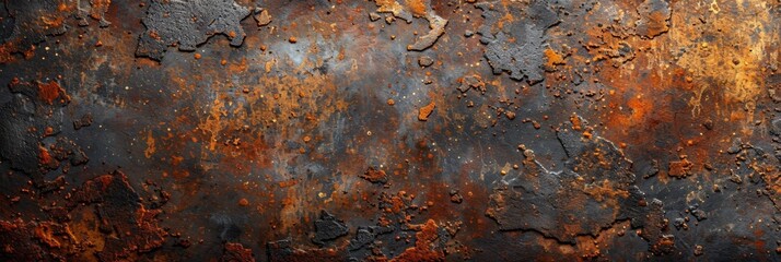 Rusted metal texture with visible rust and grainy details. The background features an aged, distressed surface that adds to the rustic feel of the design. 
