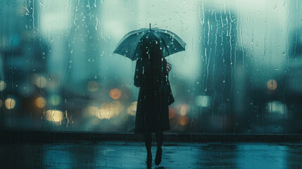 A woman stands in the rain, clutching an electric blue umbrella in the darkness