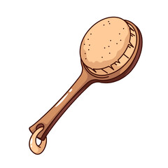 Groovy cartoon round wooden bath brush with handle. Funny retro bamboo eco washing accessory, spa and hygiene, body care mascot, cartoon shower brush sticker of 70s 80s style vector illustration