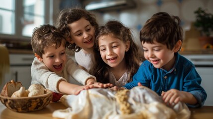 Joyful kids having fun baking cookies and laughing together in warm and inviting kitchen