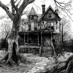 Drawing of an old ruined house in an old park, website design idea or story for a Halloween party