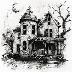 Pencil drawing of an old ruined haunted house, website design idea or story for a Halloween party