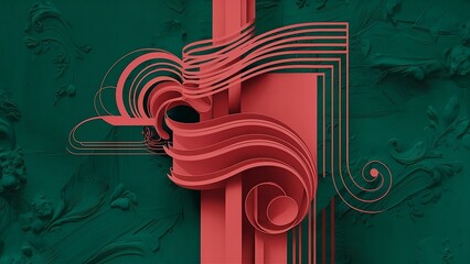 Abstract minimalist background, red and green colors, inspired by baroque art style