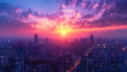 Obraz premium Urban skyline at dusk, purple hues in the sky, highangle, tranquil city evening