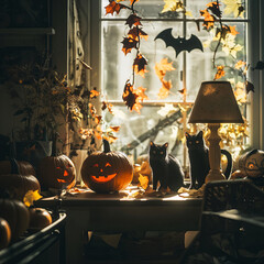 A room in a witch's house with Halloween symbols such as pumpkins, black cats, bats and ghosts that create a spooky and spooky holiday atmosphere