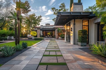 Obraz premium Beautiful modern house exterior with grass field Modern residential district