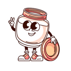 Groovy cosmetic cream jar cartoon character with peace gesture. Funny retro bottle holding cap with smile, beauty product mascot, cartoon cream package sticker of 70s 80s style vector illustration