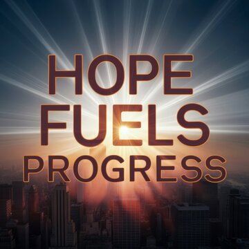 The inspiring quote "Hope Fuels Progress" shines brightly over a vibrant cityscape at sunrise, symbolizing optimism, growth, and the potential for a better future.