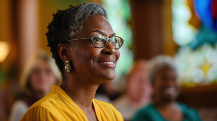 older African American woman with short hair and glasses smiles as she sits in the foreground of an elegant church.  Faith and  spiritual connection and contemplation concept 