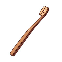 Groovy cartoon wooden toothbrush with natural bristles. Funny retro brush with bamboo handle for cleaning teeth, dental hygiene mascot, cartoon toothbrush sticker of 70s 80s style vector illustration