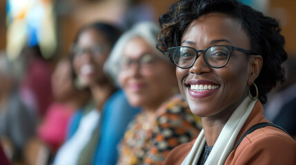 African American woman with glasses, smiling at the camera in front of other multiethnic women seated together for training or conference event or church service