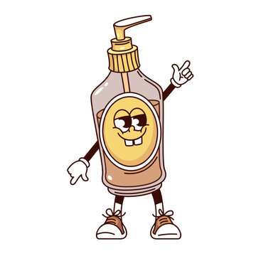 recommend clip art: Groovy bottle of gel cartoon character with pump dispenser and funky smile. Funny retro dance of cosmetic and hygiene package mascot, cartoon gel pack sticker of 70s 80s style vector illustration