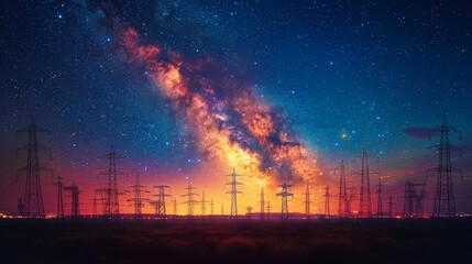 A wonderful view of a media antenna and high voltage power towers against the night city on horizon and the Milky Way in clear skies can be had from below