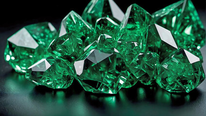 Polished Cut Synthetic Green Emeralds Laying On Black Table Background