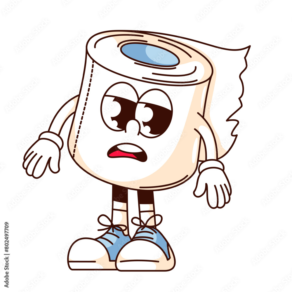 Wall mural Groovy toilet paper roll cartoon character with sad face. Funny retro tissue spool in sneakers, hygiene in lavatory mascot, cartoon unhappy toilet towel sticker of 70s 80s style vector illustration - Wall murals
